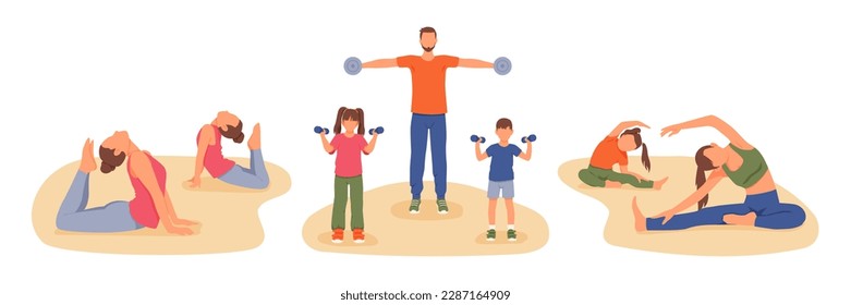 Set of athletic cartoon characters of parents and their kids doing sports together. Active and healthy lifestyle. Yoga, fitness and pilates. Exercising indoor with kids. Vector