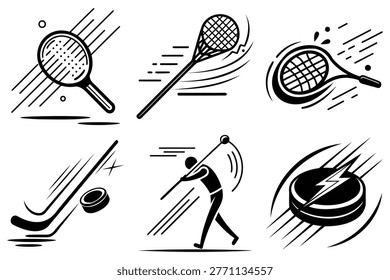 Set of athletic gear icons depicting tennis racquets lacrosse sticks hockey equipment and pucks for professional sports activities.