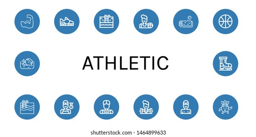 Set of athletic icons such as Muscle, Running shoes, Swimming pool, Basketball, Swimmer, Athlete, Weighlifter, Strong, Ice skate , athletic