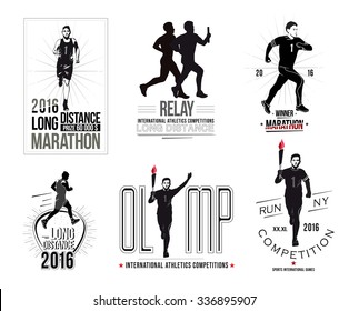 Set athletics logo and emblem. Design elements, labels: marathon, athletics relay, athlete with the torch.
