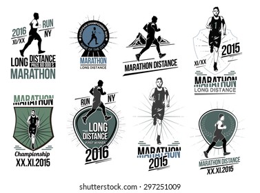 Set athletics logotype labels design element. Long distance running and competition . Set run club logos. Running man silhouette. Triathlon, active fitness logo, icons. Exercise and athlete logo.