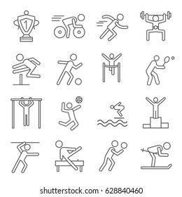 Set of athletics Related Vector Line Icons. Includes such Icons as running, swimming, Cycling, skiing, volleyball, football, jumping, racing, pulling, victory