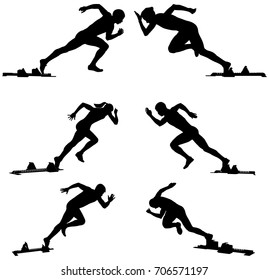 set athletics runners sprinters starting blocks