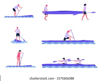 Set of Athlets of rowing in sports canoe with paddle. Flat cartoon character competes in rowing competitions. Whitewater Extreme Kayaking, Canoeing Sport Competition. Flat vector illustration.