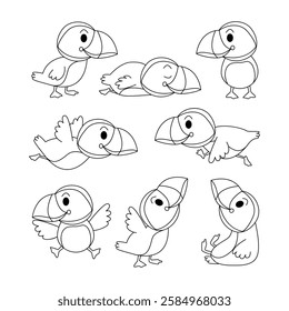 Set of atlantic puffin doodle collection, flamingo outline coloring page book animals for kindergarten, Vector line art set of animals wildlife, Hand drawn, Minimal line art doodle in different pose