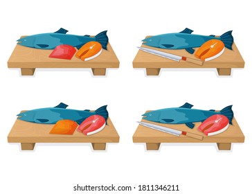 Set of atlantic salmon fish food concept, fresh humpback foodstuff cartoon style isolated on white, flat vector illustration. Kitchen board with sharp knife, cooking item icon, healthy meal.