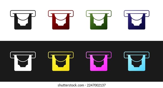 Set ATM: cajero automático e icono de dinero aislado en fondo blanco y negro.  Vector