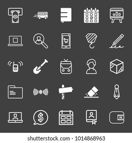 set of atm, bus, notebook, calendar, chart, laptop, search, shopping app, crane, pencil, shovel, bag, female, box, folder, bow tie, road sign, eraser, tie, video call, dollar, bookmark vector icon