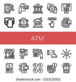 Set of atm icons. Such as Payment, Bank, Credit card, Transaction, Atm, Secure payment, Pos, Money transfer, Dollar, Online banking , atm icons