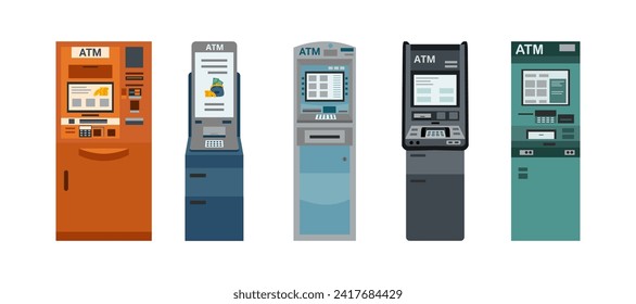 Set of ATM machines isolated on white background. Cash machine. Banking technology.