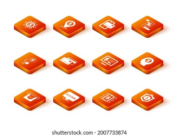 Set ATM and money, Bank building, Business man planning mind, Credit card, Smartphone with dollar, Monitor, Shield and  icon. Vector