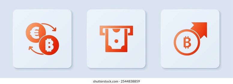 Set ATM and money, Cryptocurrency exchange and Financial growth bitcoin. White square button. Vector