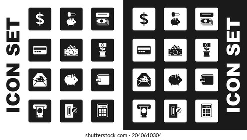 Set ATM And Money, Stacks Paper Cash, Credit Card, Dollar Symbol, Money Plant In The Pot, Piggy Bank Hammer, Wallet And Envelope With Dollar Icon. Vector