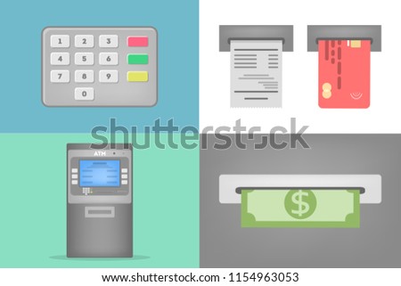 Set of ATM operations. Dialing pin code, insert credit card and cash withdrawal. Automatic financial operations. Flat vector illustration