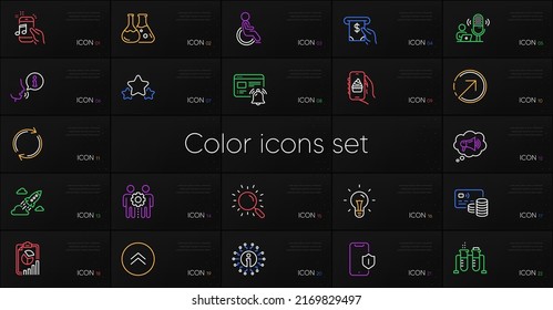 Set of Atm service, Employees teamwork and Food app line icons. Include Disability, Chemistry beaker, Internet notification icons. Stars, Card, Info web elements. Full rotation. Vector