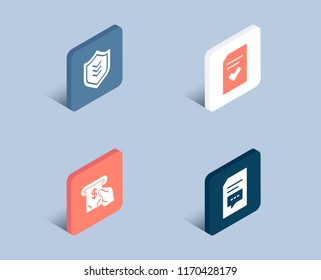 Set of Atm service, Shield and Checked file icons. Comments sign. Cash investment, Protection or security, Correct document. Document with speech bubble.  3d isometric buttons. Flat design concept