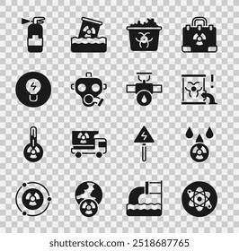 Definir átomo, chuva ácida e nuvem radioativa, Barril de resíduos radioativos, Infeccioso, Máscara de gás, Lâmpada com conceito de ideia, Extintor de incêndio e ícone da válvula de tubulação da indústria. Vetor