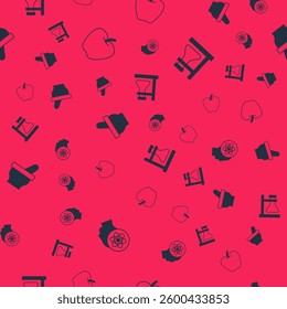 Set Atom, Apple, Mortar and pestle and Test tube flask on stand on seamless pattern. Vector