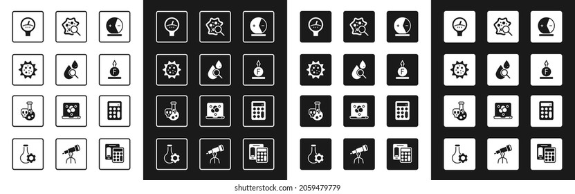 Set Atom, Drop and magnifying glass, Virus, Gauge scale, Force of physic formula, Microorganisms under magnifier, Calculator and Test tube with toxic liquid icon. Vector