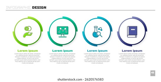 Set Atom, Gentechnik, Reagenzglas und Wissenschaftsbuch. Vorlage für Geschäftsinformationen. Vektorgrafik