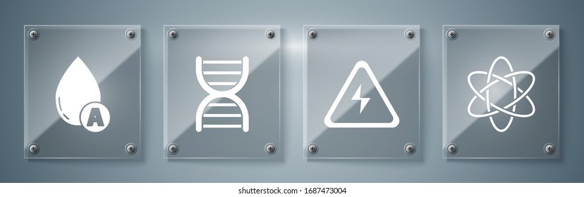Atom, Hochspannungszeichen, DNA-Symbol und Wassertropfen setzen. Viereckige Glasplatten. Vektorillustration