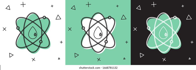 Set Atom icon isolated on white and green, black background. Symbol of science, education, nuclear physics, scientific research.  Vector Illustration