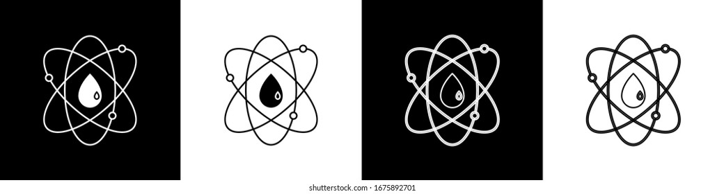 Set Atom icon isolated on black and white background. Symbol of science, education, nuclear physics, scientific research.  Vector Illustration