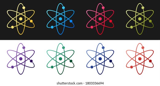 Set Atom icon isolated on black and white background. Symbol of science, education, nuclear physics, scientific research. Electrons and protonssign. Vector.