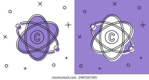 Set Atom icon isolated on white and purple background. Symbol of science, education, nuclear physics, scientific research.  Vector