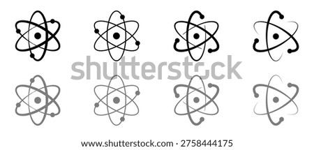 Set of atom icons in black and gray outline and solid styles, representing molecules and atomic structure, ideal for science and technology concepts.
