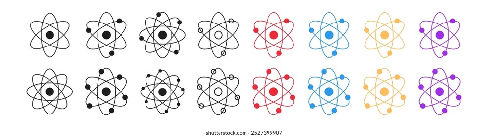 Set of atom icons with colored versions, black silhouettes, black outlined atoms with orbiting electrons, isolated on white background. Concept of science, physics, atomic structure. Design elements.