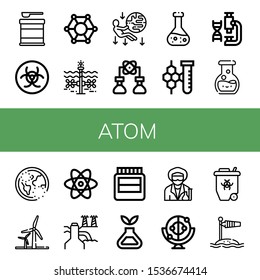 Set of atom icons. Such as Formula, Biohazard, Molecular, Tidal, Gravity, Bioengineering, Chemical, Chemistry, Laboratory, Ozone, Wind energy, Atom, Power plant, Hormones , atom icons