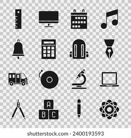 Set Atom, Laptop, Fountain pen nib, Calendar, Calculator, Ringing bell, Ruler and School backpack icon. Vector
