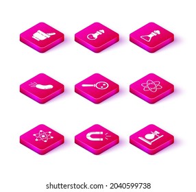 Ponga Atom, Magnet, bacterias, microorganismos bajo el lupa, probeta de tubo en el soporte, químico e icono. Vector