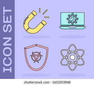 Set Atom, Magnet, Biohazard symbol on shield and Bacteria on laptop icon. Vector