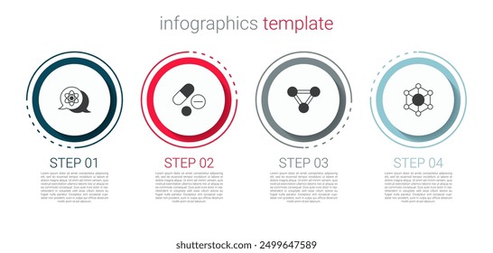 Set Atom, Medicamento píldora o tableta, molécula y . Plantilla de infografía de negocios. Vector