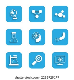 Set Atom, Microorganisms under magnifier, Bacteria, Test tube flask on stand, Molecule and Earth globe icon. Vector