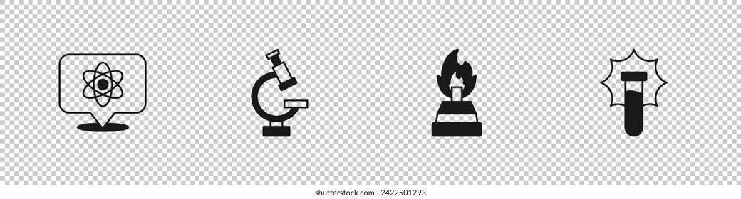 Set Atom, Microscope, Alcohol or spirit burner and Explosion in the flask icon. Vector