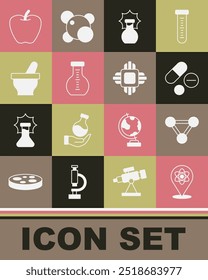 Set Atom, Molecule, Medicine pill or tablet, Explosion the flask, Test tube, Mortar and pestle, Apple and Processor CPU icon. Vector