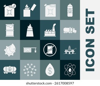 Set Atom, Oil platform in the sea, Tanker truck, Canister gasoline, rig with fire, Barrel oil leak, Bio fuel canister and industrial factory building icon. Vector