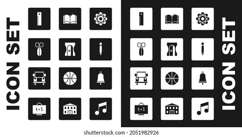 Set Atom, Pencil sharpener, Scissors, Ruler, with eraser, Open book, Ringing bell and School Bus icon. Vector