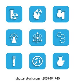 Set Atom, Petri dish with bacteria, Test tube and flask, Chemical formula, explosion,  and radiation icon. Vector