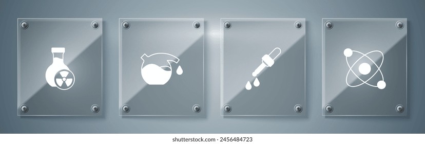 Coloque el átomo, la pipeta, el tubo de ensayo y con líquido tóxico. Paneles de vidrio cuadrado. Vector