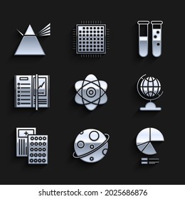 Set Atom, Planet, Pie chart infographic, Earth globe, Pills blister pack, Notebook, Test tube and flask chemical laboratory and Light rays prism icon. Vector