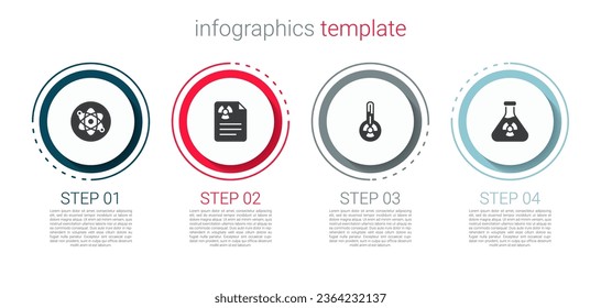 Set Atom, Radiation warning document, Meteorology thermometer and Test tube radiation. Business infographic template. Vector