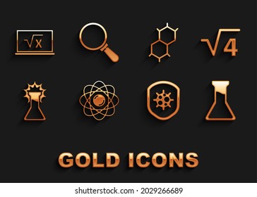 Set Atom, Square root of 4 glyph, Test tube and flask, Shield protecting from virus, Chemical formula, x and Magnifying glass icon. Vector