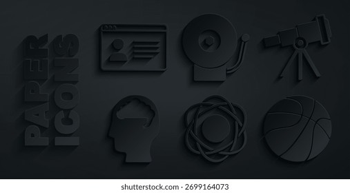 Definir Atom, Telescópio, cérebro humano, bola de basquete, campainha de alarme e ícone de classe on-line. Vetor