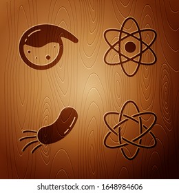 Coloque Atom, Probar la sustancia química, bacterias y átomos sobre fondo de madera. Vector