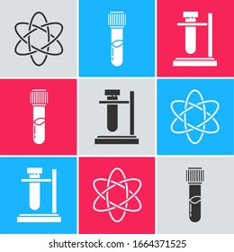 Set Atom, Test tube and flask chemical and Test tube flask on stand icon. Vector