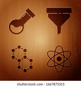 Set Atom, Test tube and flask chemical, Molecule and Funnel or filter on wooden background. Vector